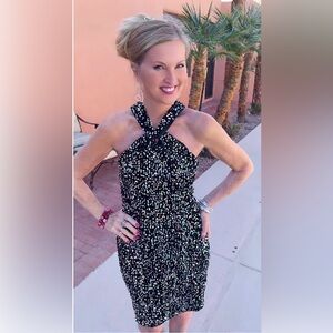 NWT COLORFUL BLACK SEQUIN HALTER DRESS-S